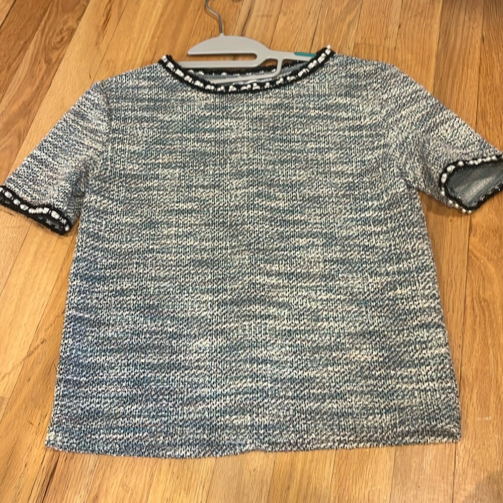 Zara Trafaluc Women’s Tweed Blue Short Sleeve Top Pearl Detail